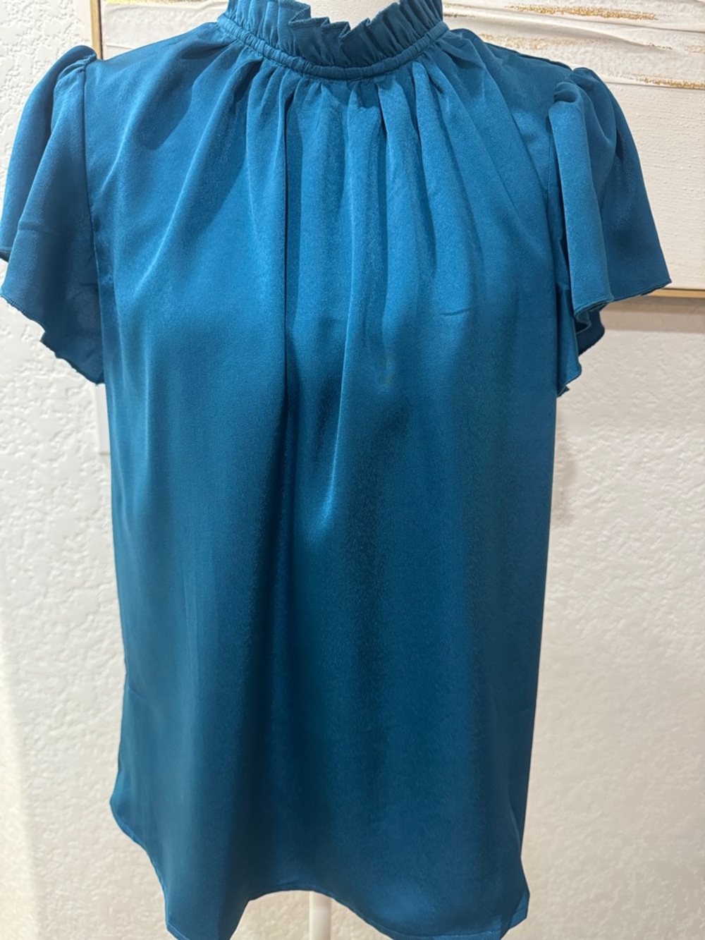 Womens Teal High-Neck Flutter Sleeve Blouse Size SM Spring Top/Business Casual